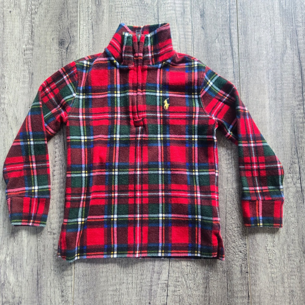 Polo Ralph Lauren Toddler Boys Red Tartan Plaid Quarter Zip Pullover Size 2T
